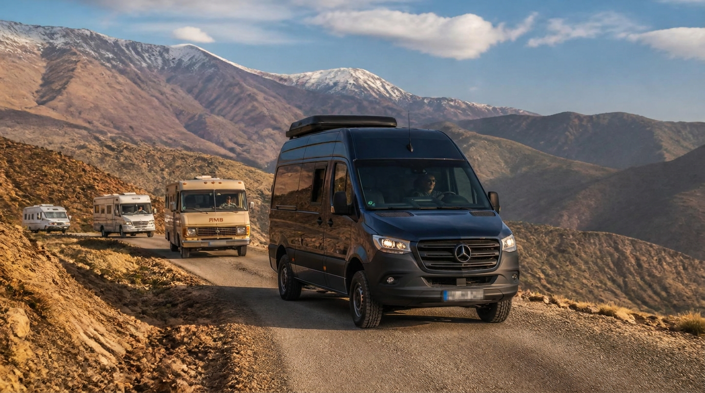 Dunkelblauer Mercedes Sprinter an der Spitze einer Wohnmobil-Karawane in Marokko
